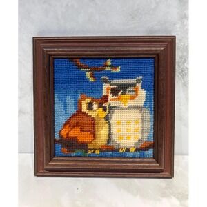 Vintage Framed Needlepoint Cross-Stitch: Two Owls on Branch, 1970s Wall Art